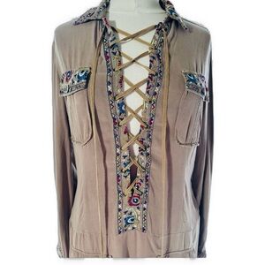 100% Silk DANANG EMBROIDERED LACE UP HERRINGBONE PATTERN Tan Long Slv Mini Dress